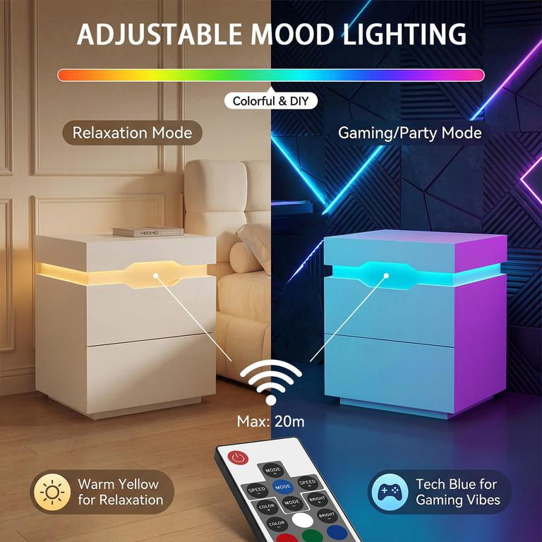 Lacoo Modern End Table Set of 2 with LED Lights & Charging Station, White Nightstand with 2 Drawers & Upper Storage for Living Room Bedroom, 2 Drawer
