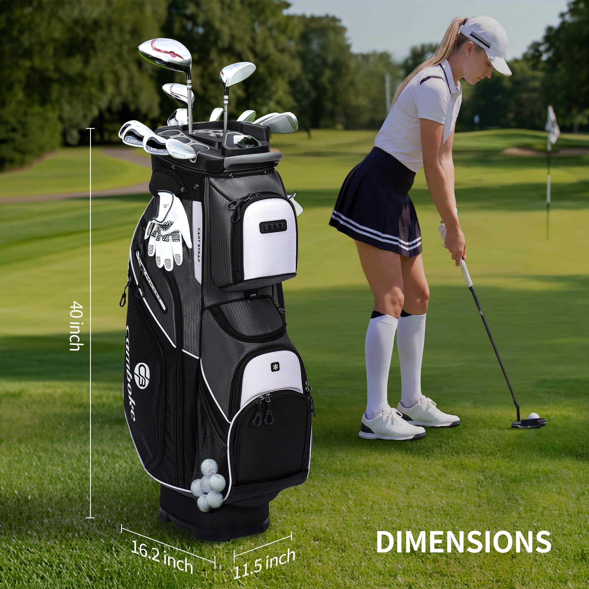 Golf Cart Bag, 14-Way Full-Length Dividers with Quiet Separators, High-Density Nylon Waterproof Material, with Insulated Cooler Pouch & Padded Shoulder Strap- Gray