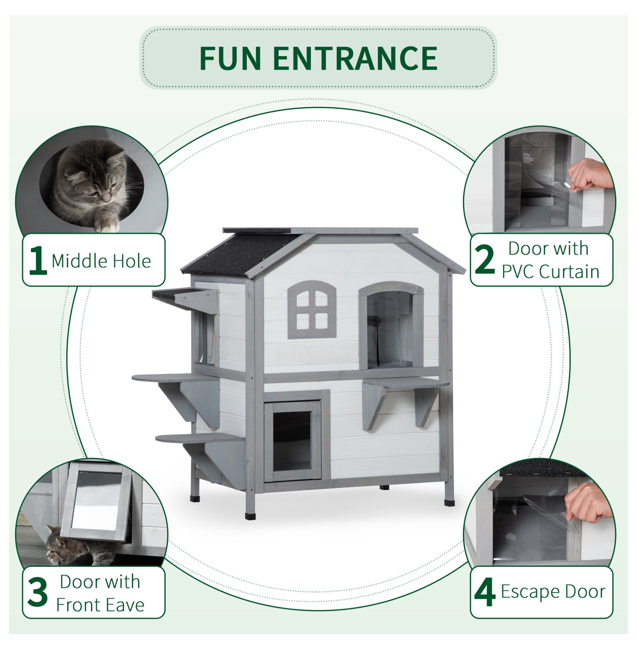 2-story Cat House Outdoor, Weatherproof Wooden Cat Enclosure for Feral Cats with Escape Door, Openable Roof, Jumping Platforms, White