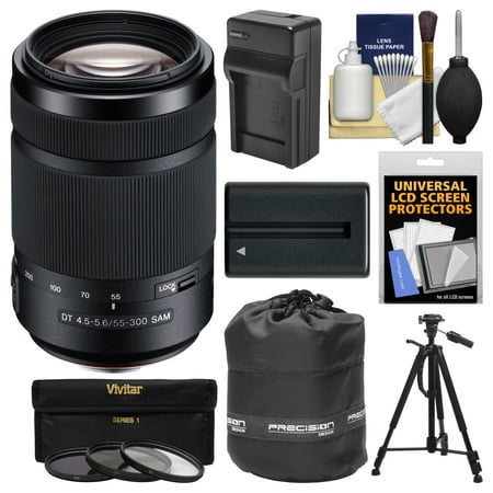 Sony Alpha A-Mount 55-300mm f/4.5-5.6 DT SAM Zoom Lens with NP-FM500H Battery & Charger + Tripod + 3 Filters + Pouch + Kit for A37, A58, A65, A68, A77 II, A99