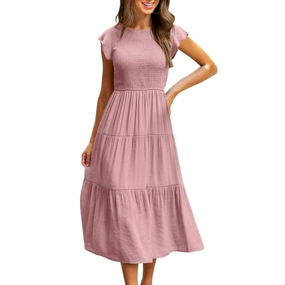 Qiylii Women Solid Color Summer Corset Dresses, Round Neck Short Fly Sleeve Pleated Chest Cake Skirt Garment Dress