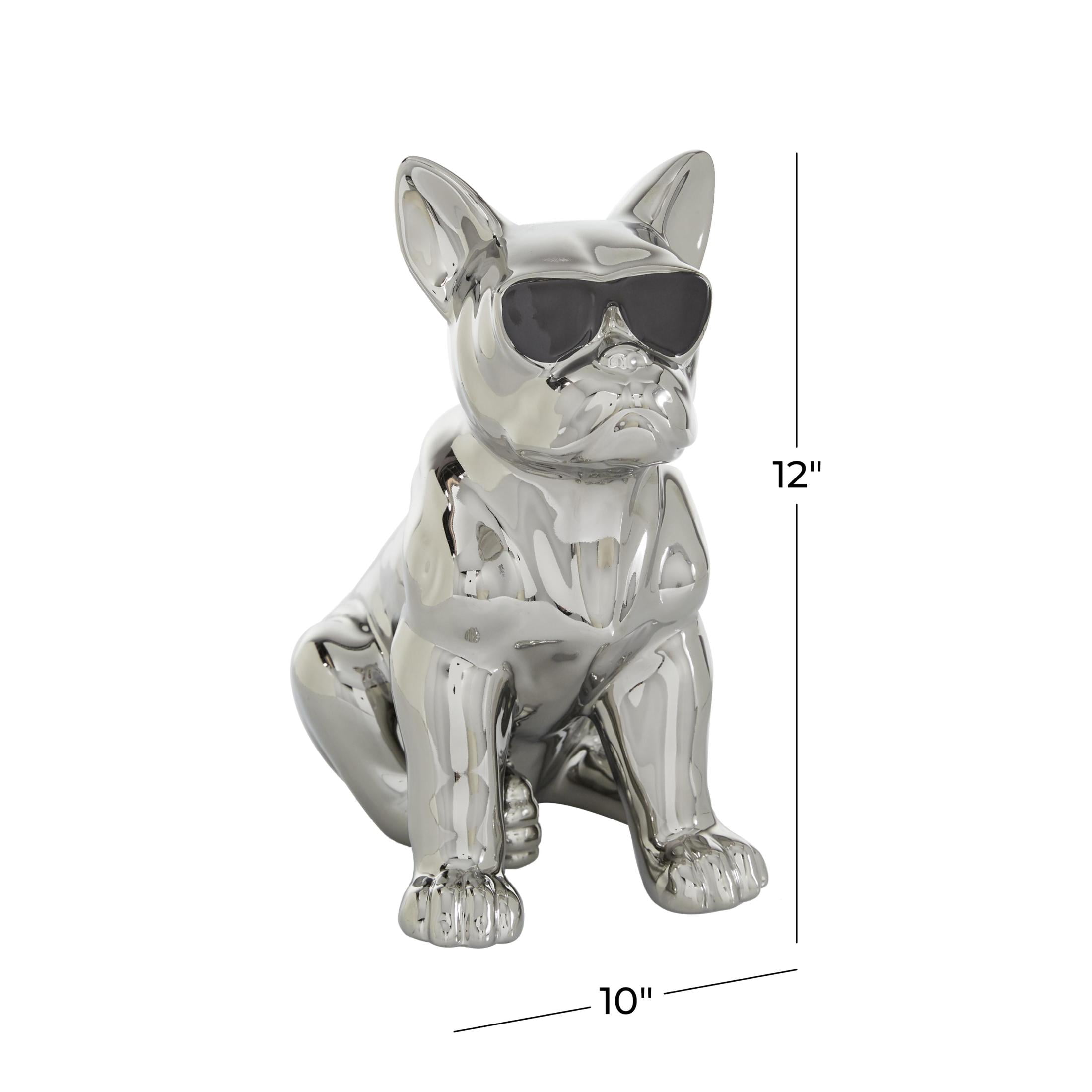 6" x 12" Silver Ceramic Bulldog Sculpture with Sunglasses, by CosmoLiving by Cosmopolitan