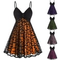 thumbnail image 2 of Women's Gothic Retro Halloween Dress Bat Print Camisole Dress Double Layer Chiffon Mesh V Neck Dress Party Punk Tank Top Women's Dress-SoftRed-XL, 2 of 6