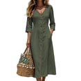 thumbnail image 2 of CHGBMOK Cotton Linen Dresses for Women 3/4 Sleeve V Neck Button Down Dress Cinched Waist Flared Fall Maxi Dress, 2 of 7