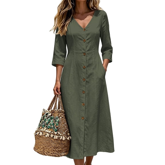 Ayolanni 3/4 Sleeve Dresses for Women 2026 V Neck Cotton A-Line Maxi Dresses Solid Work Formal Button Down Long Dress with Pockets Green L