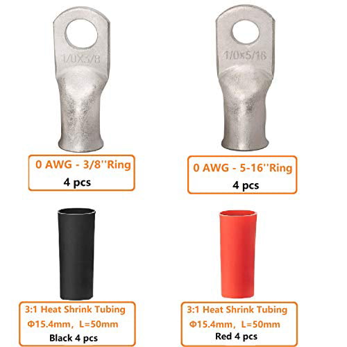 UL Listed Ring Terminal Wire Lugs 1/0 Gauge Battery Cable Ends Heavy Duty Closed End Crimp Connectorswith 4pcs 3:1 Heat Shrink Tubings SVAAR 4 Pack 1/0 AWG 3/8 Tinned Copper Cable Lugs Wire Lugs 