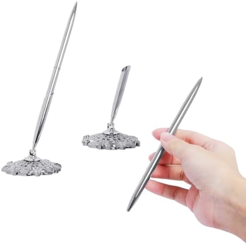 2 Pcs Silver Hollow Round Pen Holder Set Signing Desk Ballpoint Pens for Guest Book Wedding Birthday Party Graduation Teacher Office Business