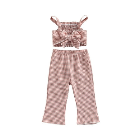 

Suanret 2Pcs Kids Girls Plaid Clothes Outfits Sleeveless Backless Ruched Lace Bow Short Suspender Tops + Pants Brown 3-4 Years