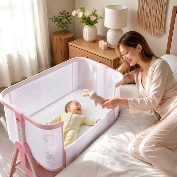 PRVAETU Baby Bassinet Bedside Sleeper,6-Level Height Adjustable Bedside Crib with Wheels & Breathable Mesh for Newborns Infants Boys Girls,Pink