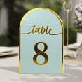 thumbnail image 4 of Efavormart 25 Pack Dusty Blue Arch Wedding Table Numbers with Metallic Gold Foil 1-25 Numbers Print, Free Standing Double Sided Paper Table Tent Sign Cards - 7", 4 of 5