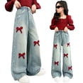 thumbnail image 5 of EnJoCho Girls Wide Leg Jeans Loose High Waist Bow Embroidery Denim Pants Skateboard Style Pocket Trousers For Kids Spring Fall Trendy Y2𝖪 Streetwear Casual Daily Outfit, 5 of 7