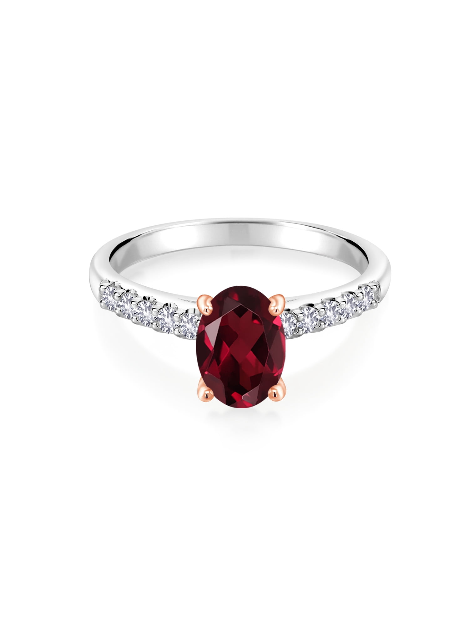 Gem Stone King 2.40 Ct Red Rhodolite Garnet White Created Sapphire 10K  White Gold Ring with Rose Gold Prongs