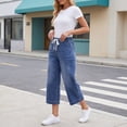 thumbnail image 5 of Elastic Waist Capris for Women Jeans Wide Leg Stretchy Pull On Petite Denim Pants Pull On Loose Denim Capris with Pockets Navy M, 5 of 7