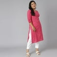 thumbnail image 5 of XL LOVE by Janasya Indian Plus Size Round Neck 3/4 Sleeve Woven Design Pink Cotton Kurta For Women, 5 of 7
