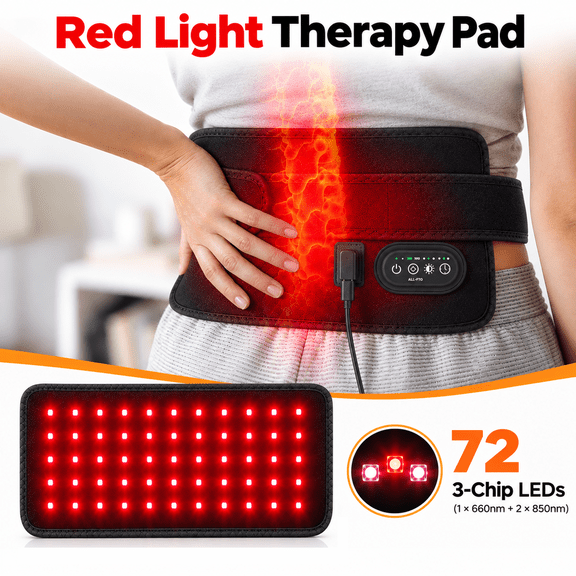 Red Light Abdomen Heating Pad with 72 LEDs, 660/850nm, Heated Waist Panel with 4 Light and 3 Brightness Modes, USB Powered Waist Wrap