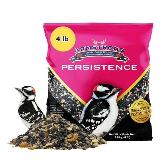 Armstrong Wild Bird Food Royal Jubilee Persistence Blend, 4 Pounds - with Black Oil Sunflower, Nuts, Safflower, Dried Raisins, Cranberries & Cherries for Downy Woodpeckers - Ideal for Outside Feeders