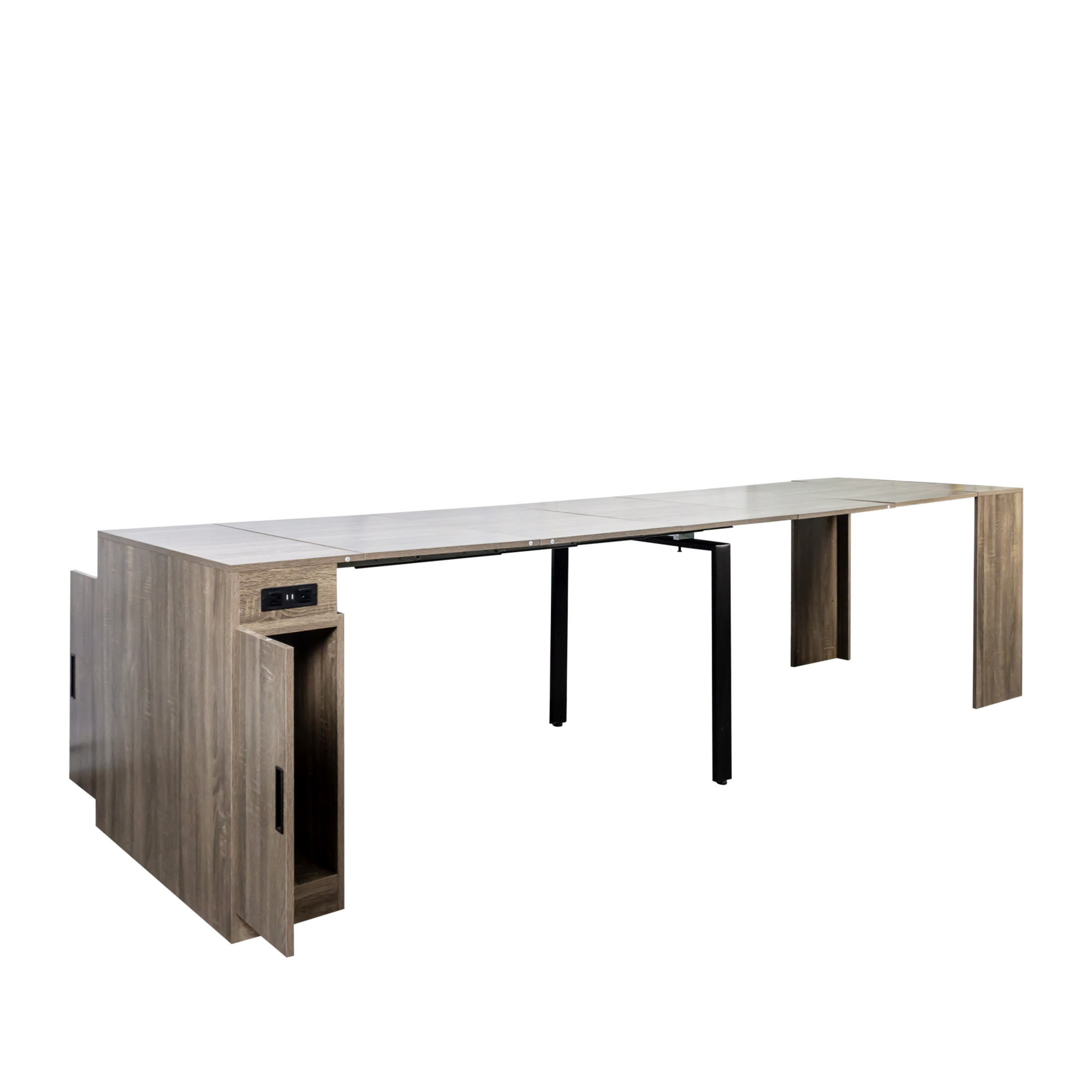 Noble House 118" Extendable Dining Table, Console-to-Table with Outlet, 5 Leaves & Panel Storage, Brown