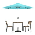 thumbnail image 2 of Merrick Lane Five Piece Faux Teak Patio Dining Set - 35" Square Table, Two Armless Stacking Club Chairs, 9' Teal Umbrella and Base, 2 of 18