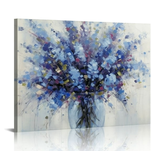 COMIO  Abstract Bouquet Canvas Wall Art: Blue Flowers in Vase Artwork Print Painting for Living Room Office