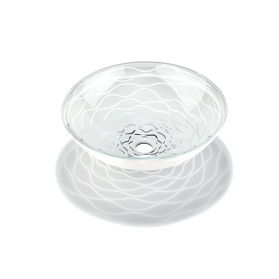 White Wave-Patterned Clear Glass Vessel Sink with Pop-Up Drain – Artistic Handcrafted Design, Smooth Finish, Ideal for Bathroom Vanity Upgrades | Model LAV-FWS107