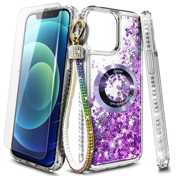NageBee Designed for iPhone 14 Plus Magnetic Case for MagSafe, Tempered Glass Screen Protector/Wrist Strap Lanyard, Glitter Floating Liquid Cute Case (Purple)