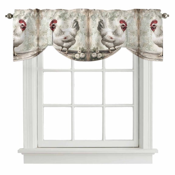White Chicken Rustic Tie Up Valance Curtains for Windows, Kitchen Curtains Window Shades, Vintage Floral Oil Painting Light Filtering Roman Curtain Valances for Bedroom/Bathroom/Cafe 42"x18"