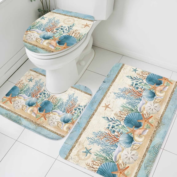 Vintage Coastal Bathroom Rugs Set Summer Nautical Coral Starfish Shell Blue Non Slip Absorbent Soft Bath Mats 3 Piece Set with Bathroom Rug, U-Shaped Floor Mat, Toilet Seat Cover Small Size