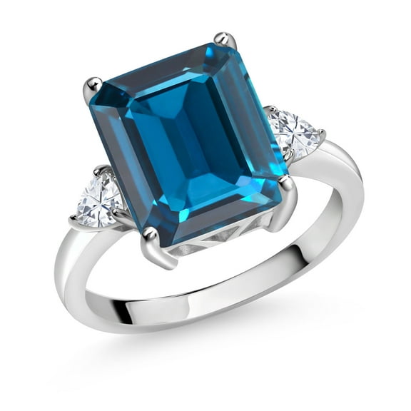 7.82 Cttw London Blue Topaz and White Moissanite 3-Stone Ring for Women | 925 Sterling Silver | Gemstone Birthstone | Emerald Cut 12X10MM | Three Stone Wedding Anniversary Ring | Size 6
