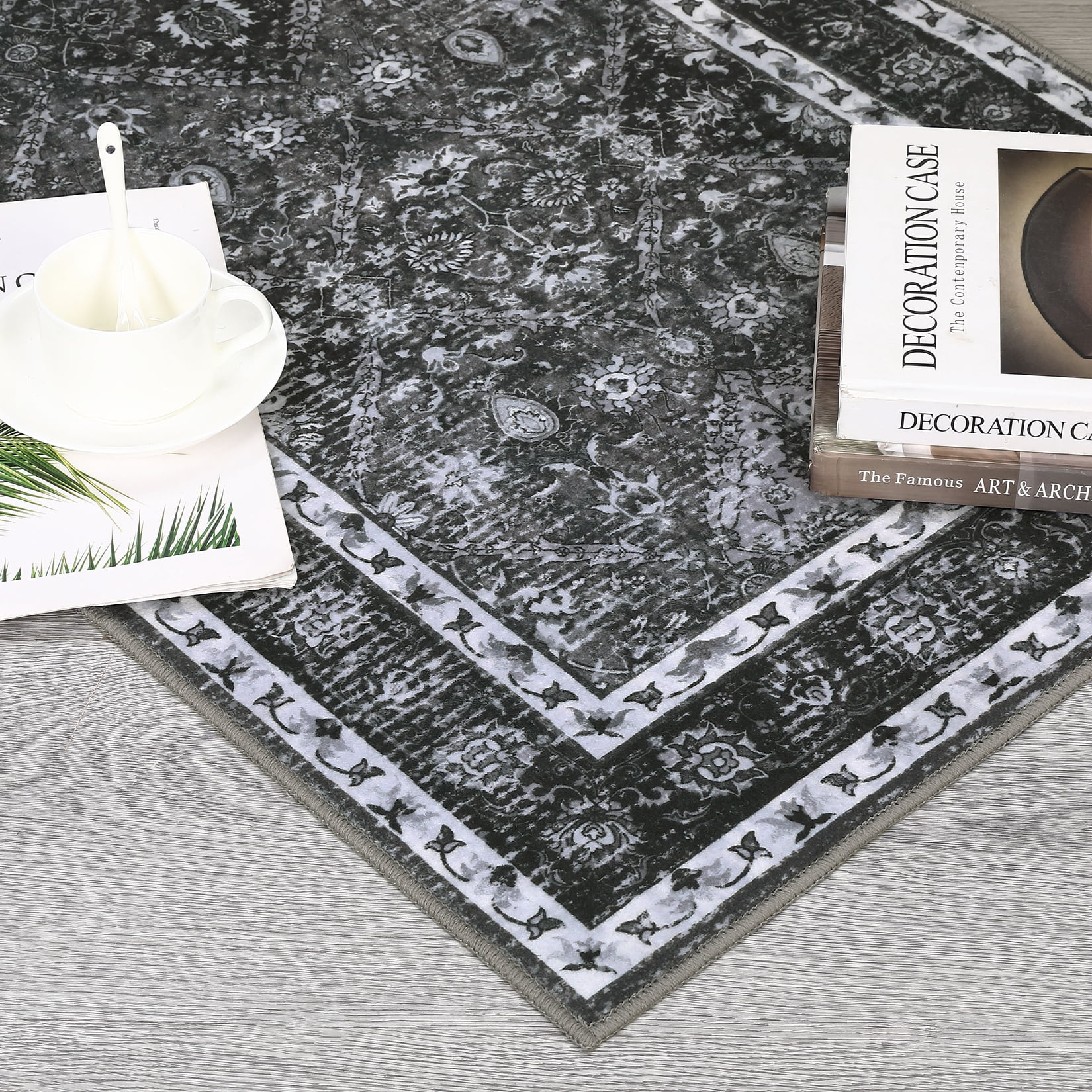 Hasoo Runner Rug 2' x 6' Washable Rugs for Hallway Moroccan Carpet Vintage Rug, Black