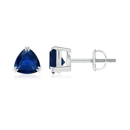 Sapphire Trillion Earrings - September Birthstone Earrings - Double Claw-Set Trillion Sapphire Stud Earrings in 14K White Gold (5mm Blue Sapphire) - SE1094S-WG-AAA-5