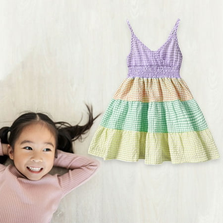 

TAIAOJING Toddler Baby Girls Dress Summer Dress Color Plaid Stitching Skirt Plaid Rainbow Suspender Skirt Bowknot Princess Dress For 3-4 Years