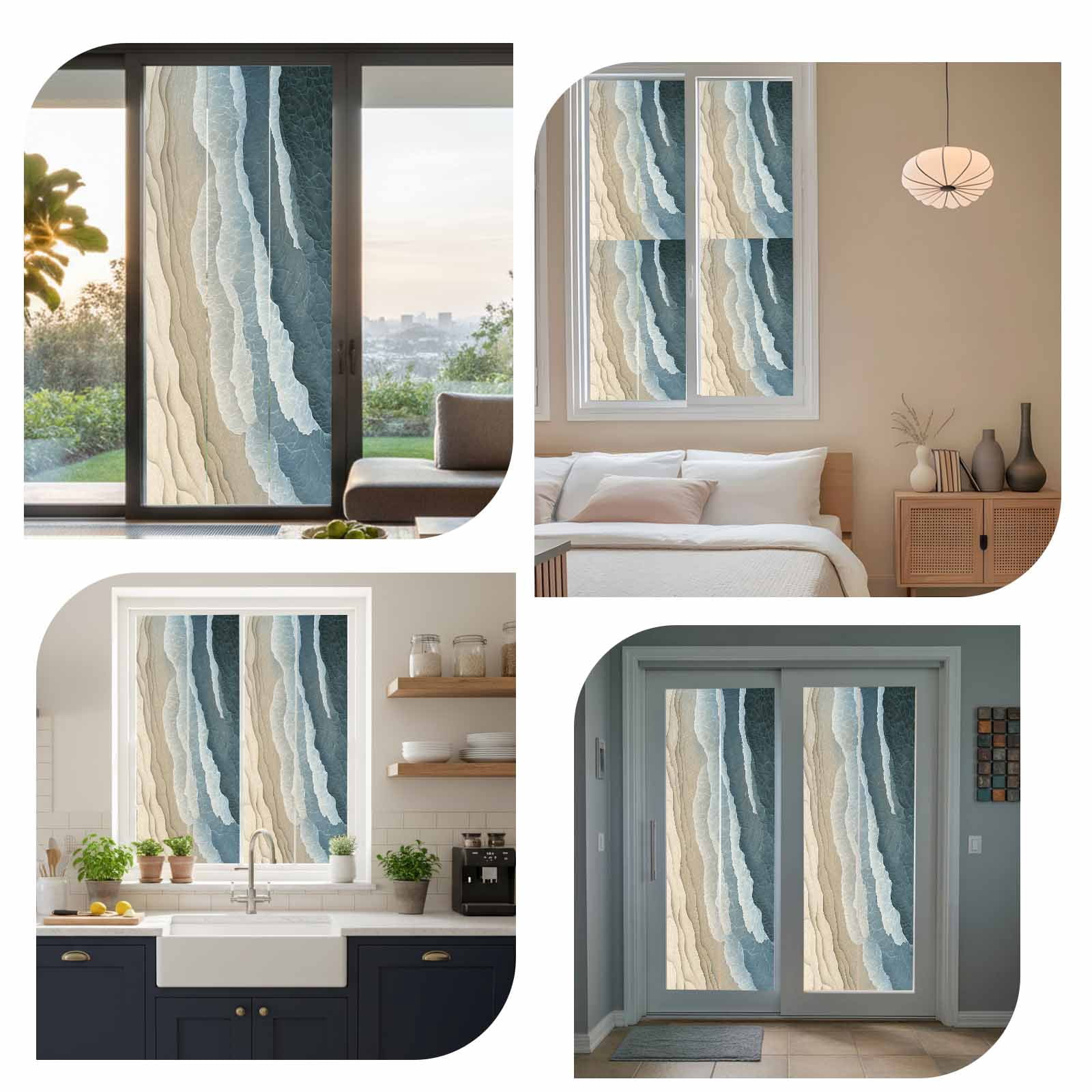 Blue Beige Window Privacy Film, Gradient Sea Wave Beach Abstract Seaside Sand Frosted Glass Window Clings Static Cling UV Heat Blocking Reusable Door Sticker for Bathroom 23.6 x 59 Inch