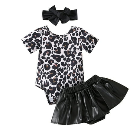 

koaiezne KIds Baby Girls Short Sleeve Leopard Print Romper Tops PU Leather Divided Skirt With Headbands Outfit Set 3PCS Baby Set Floral Girl Long Sleeve