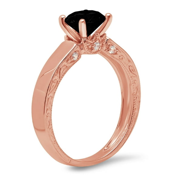 1.06 ct Round Cut Natural Onyx Solitaire with Accents Engagement Ring for Women in 18K Rose Gold