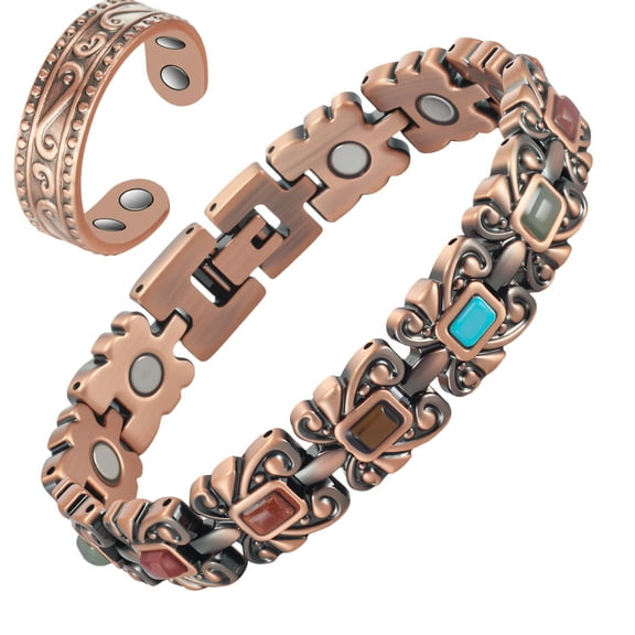 Wollet Stainless Steel Copper Color Magnetic Bracelets for Women Ladies with Turquoise Stone Copper Ring