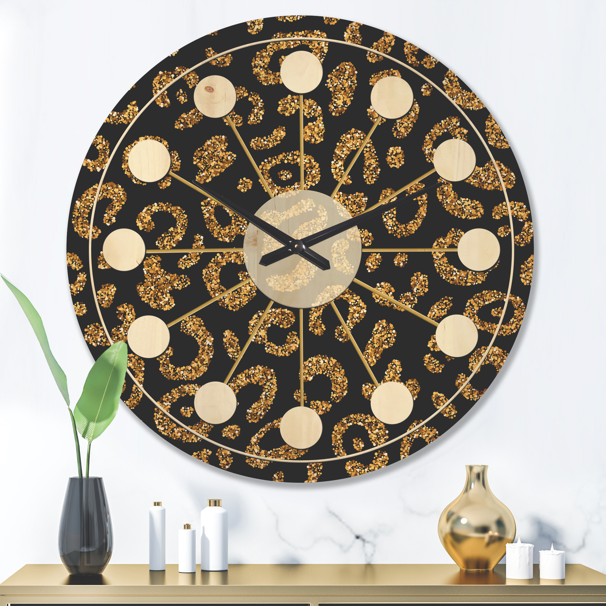 Designart 'Golden Leopard Fur Shapes' Mid-Century Modern Wood Wall Clock