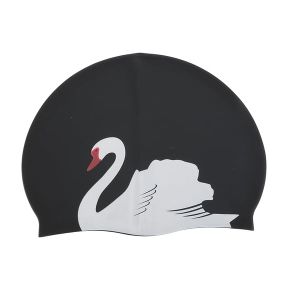 Unique Bargains 1 Pc Silicone Swans Print Swim Cap Black White