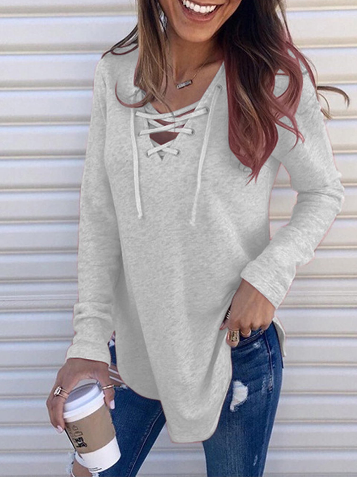 Women Spring Basic Top Casual Long Sleeve Color Block T Shirt Lace Up V-Neck Blouse WYTong Clearance