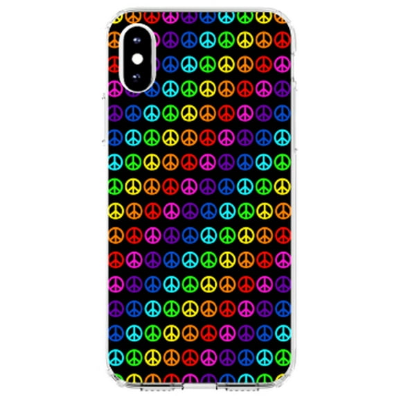 DistinctInk Clear Shockproof Hybrid Case for iPhone XS Max (6.5" Screen) - TPU Bumper, Acrylic Back, Tempered Glass Screen Protector - Black Rainbow Peace Signs