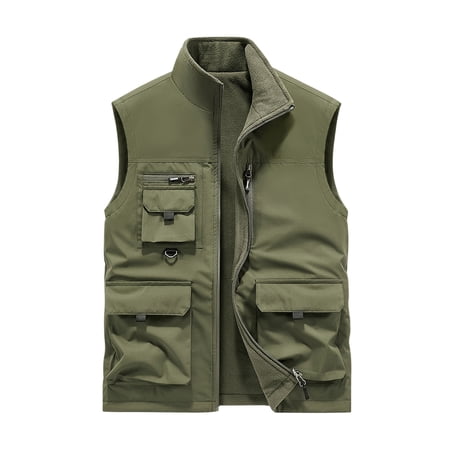 ZCFZJW Men s Work Fishing Vests Lightweight Solid Color Sleeveless Safari Travel Hunting Waistcoat with Multi-Pockets Army Green L