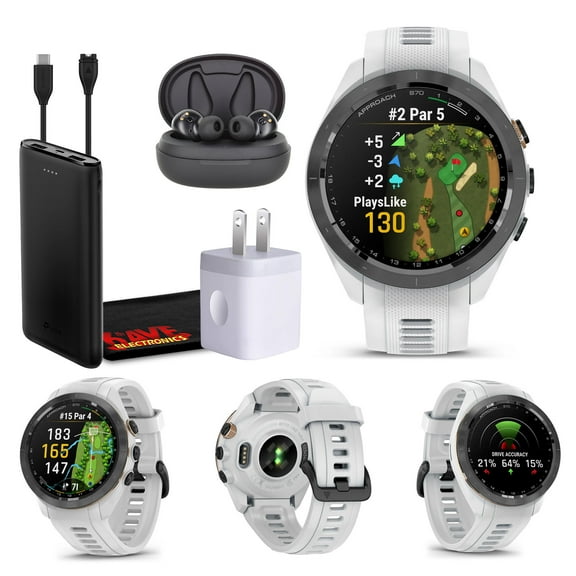 Garmin Approach S70 42MM White- GPS Golf Smartwatch For Men, Lightweight Touchscreen Garmin Fitness Tracker Watch with AMOLED Display and Preloaded Courses Bundle with Wireless Ear Buds & More