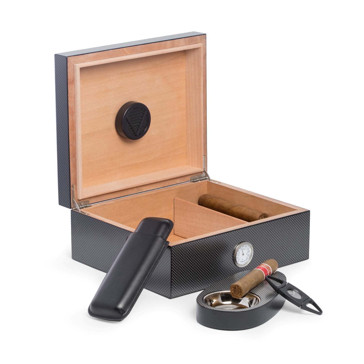6 Piece "Carbon Fiber" Design Humidor Set. Includes Cedar Lined 50 Cigar Humidor, Single Cgar Ashtray, Leather Double Cigar Tavel Case, Cutter, Humidistat and External Hygrometer.