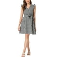 thumbnail image 2 of INSPIRE CHIC Women's V Neck Check Ruffled Sleeve Belted Plaids Mini Dress L Dark Blue, 2 of 5