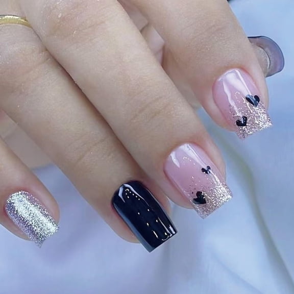 Red Glitter Heart Press on Nails Romantic Fake Nails Medium Square Acrylic Glue on Nails Glossy Stick on Nails for Women DIY Manicure Multicolor Valentines Design 1268