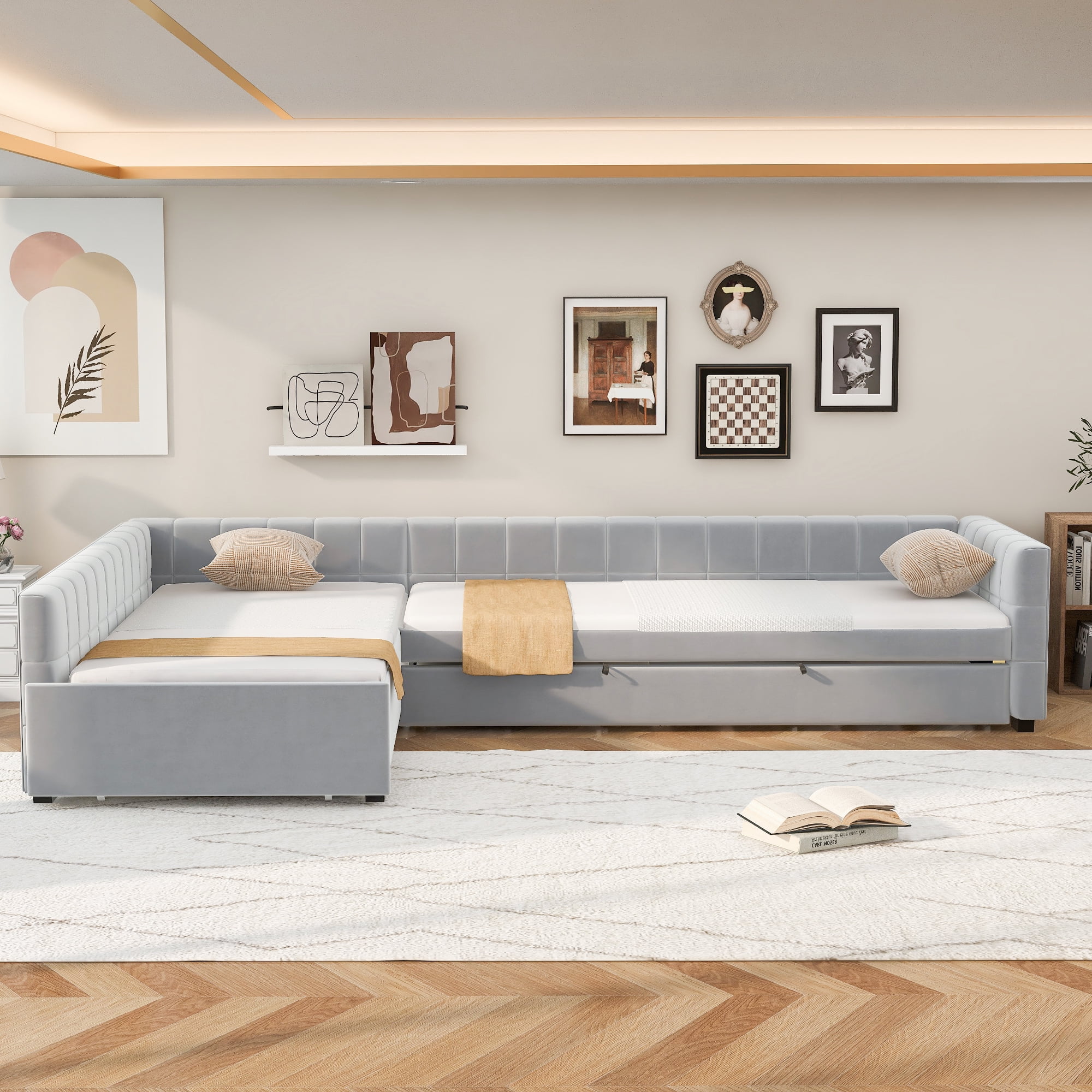 Euroco Upholstery L-Shaped Twin Platform Bed with Trundle and Drawer, 3 Beds in 1, No Spring Box Needed, Gray