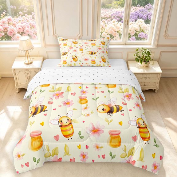 Erosebridal Kawaii Bug Bee Twin Comforter Sets,Cute Floral Bedding Set,White Pink,Reversible,2pcs,1 Comforter and 1 Pillowcase