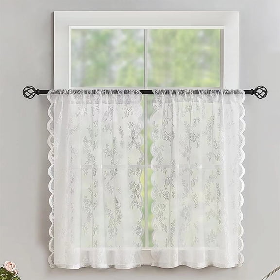 Mictong White Lace Curtains 2 Pieces 29.53X23.62 Inches, Pole Pocket Coffee Shop Short Curtains, Exquisite Rural Style Kitchen Small Window Decoration