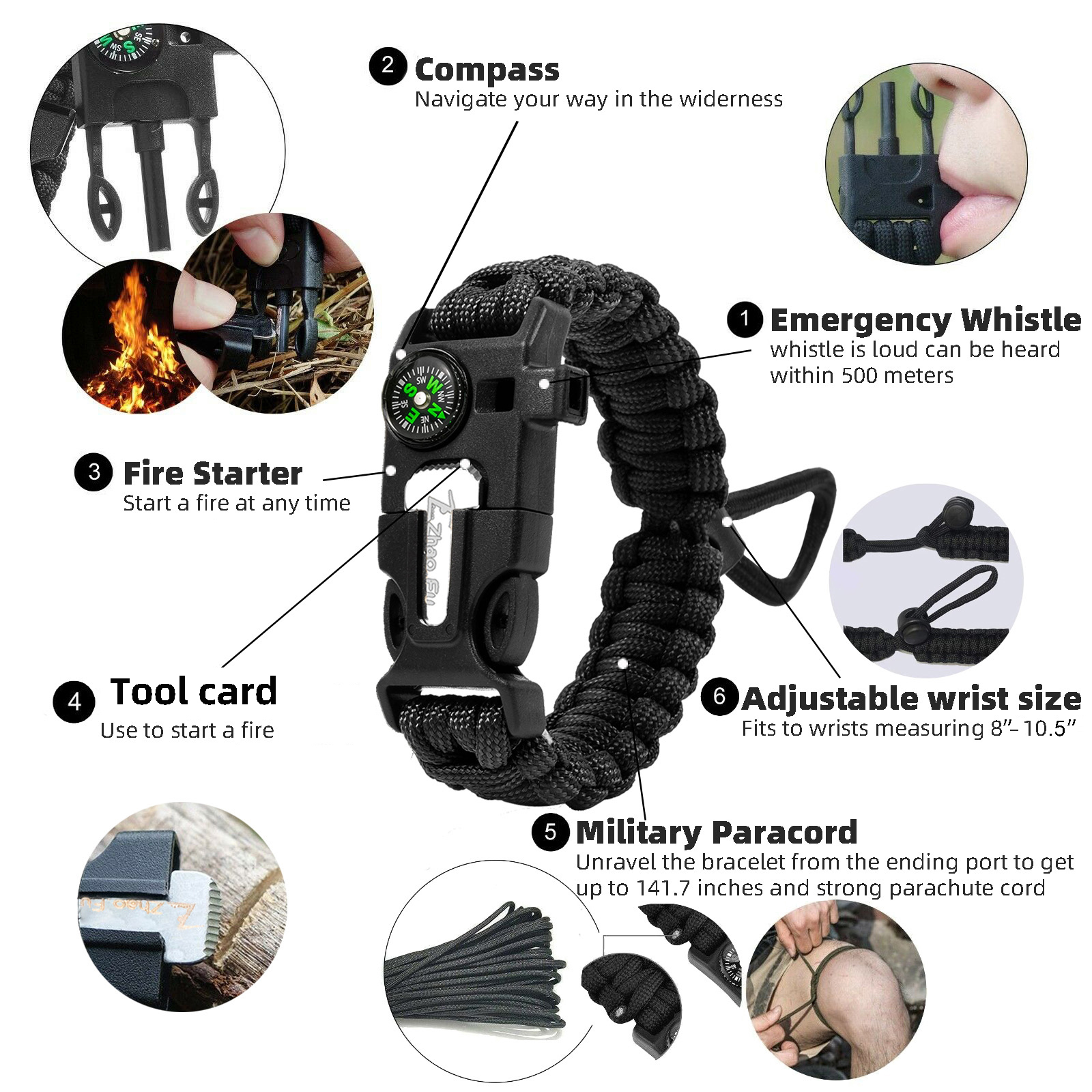 Zhao.Fu - Paracord Survival Bracelet 5-in-1 Emergency Gear Kit, 2 Pack