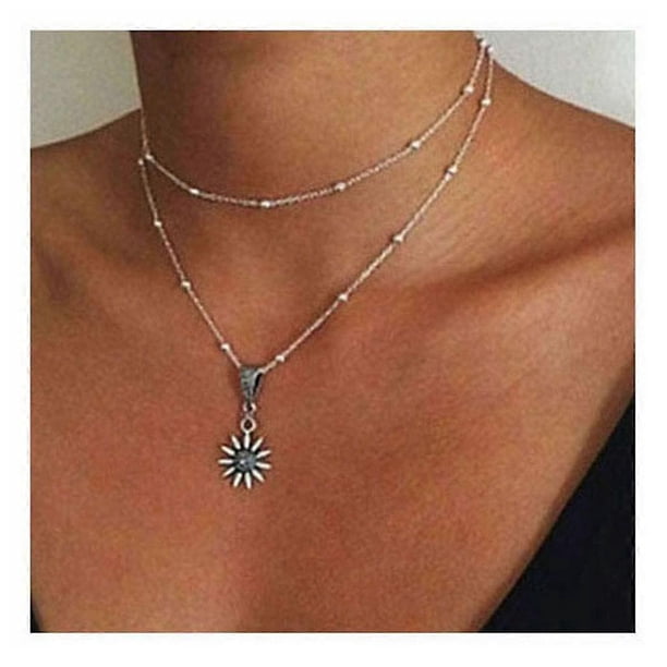 Silver Layered Necklace Vintage Beaded Sunflower Choker Necklace Sun Pendant Necklace Chain for Women and Teen Girls