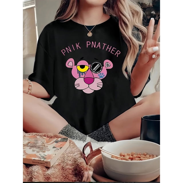 Camiseta de mujer con estampado divertido y elegante de leopardo rosa. Cuello redondo informal, manga corta, algodón elástico, lavable a máquina. Camiseta de verano a la moda para uso diario y de vaca